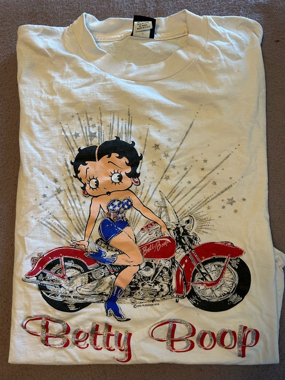 Betty Boop White Graphic Tee with Red and Blue Motorcycle Design